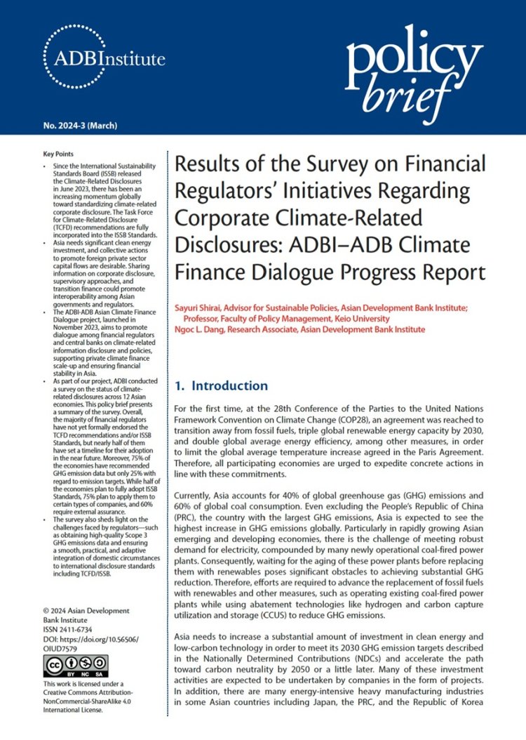 Results of the Survey on Financial Regulators’ Initiatives Regarding Corporate Climate-Related Disclosures: ADBI–ADB Climate Finance Dialogue Progress Report